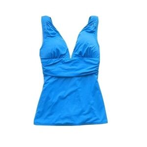 DKNY Swim Aqua Blue Tankini Swim Top Size Small Plunge V Neck Wide Strap Slim